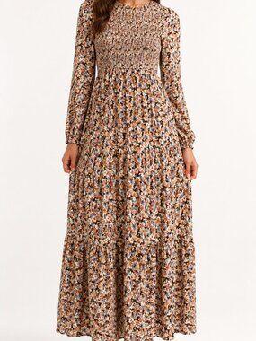 Hayden Los Angeles Long-Sleeved Smocked Maxi Dress with Tiered Skirt Size S